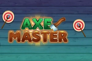 Texten Axe Master i grönt och brunt med två måltavlor med yxor på båda sidor, mot en blågrön träbakgrund