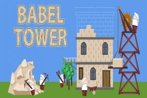 Texten Babel Tower bredvid en halvfärdig stentorn med arbetare och en lyftkran i förgrunden