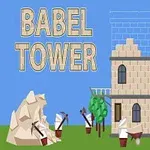 Texten Babel Tower bredvid en halvfärdig stentorn med arbetare och en lyftkran i förgrunden