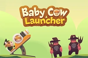 Två tecknade figurer i skogsmiljö med ett gult katapultliknande objekt och texten Baby Cow Launcher ovanför