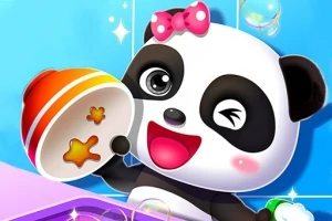 Tecknad panda med rosa rosett som håller en färgglad skål och blinkar mot en blå bakgrund