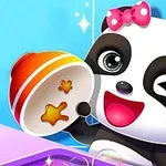Tecknad panda med rosa rosett som håller en färgglad skål och blinkar mot en blå bakgrund
