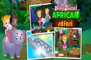 Barn rider på en elefant och olika scener med barn i afrikansk safarimiljö med färgglada dekorationer
