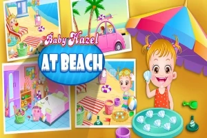 Tecknad bild med en glad flicka på en strand, omgiven av strandtillbehör och en färgglad parasoll