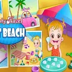 Tecknad bild med en glad flicka på en strand, omgiven av strandtillbehör och en färgglad parasoll