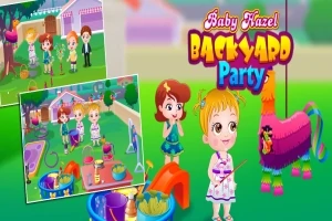 Barn som leker på en grön bakgård med en färgglad pinata och festdekorationer