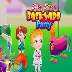 Barn som leker på en grön bakgård med en färgglad pinata och festdekorationer