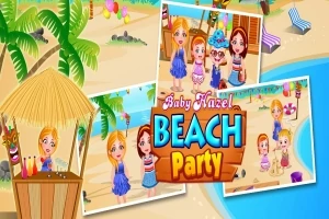 Barn som leker på en strand med palmer och en strandbar i bakgrunden