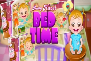Tecknad bild av en glad bebis med blont hår i blå pyjamas, omgiven av söta föremål och leksaker, med en stor rubrik som säger Bed Time