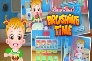 Ett kollage med en animerad flicka som borstar tänderna i ett färgglatt badrum med texten Brushing Time i stora bokstäver