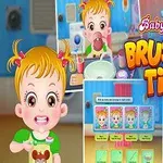 Ett kollage med en animerad flicka som borstar tänderna i ett färgglatt badrum med texten Brushing Time i stora bokstäver