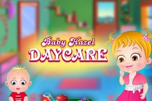 Två tecknade bebisar i ett färgglatt lekrum med texten Baby Hazel Daycare