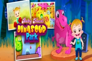 Ett glad barn står bredvid en rosa dinosaurie framför en färgglad bakgrund med texten Baby Hazel Dinosaur Park och små bilder av lekfulla scener