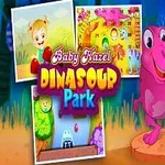 Ett glad barn står bredvid en rosa dinosaurie framför en färgglad bakgrund med texten Baby Hazel Dinosaur Park och små bilder av lekfulla scener