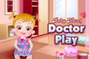 En tecknad flicka med stetoskop och rosa klänning står i ett rum med texten Baby Hazel Doctor Play
