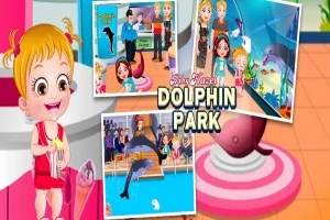 En tecknad flicka med blont hår håller en stjärna framför tre små bilder av en delfinpark tillsammans med texten Dolphin Park