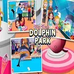 En tecknad flicka med blont hår håller en stjärna framför tre små bilder av en delfinpark tillsammans med texten Dolphin Park