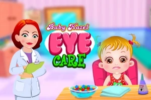 Tecknad doktor och flicka i ett färgglatt rum med texten Baby Hazel Eye Care