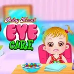 Tecknad doktor och flicka i ett färgglatt rum med texten Baby Hazel Eye Care