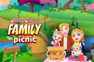 Tecknad bild av en familj med två barn vid en picknickkorg i en park med träd i bakgrunden