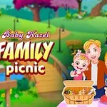 Tecknad bild av en familj med två barn vid en picknickkorg i en park med träd i bakgrunden