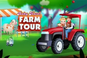 Ett barn och en man sitter på en röd traktor framför en skylt med texten Farm Tour, med en ko och ett tält i bakgrunden
