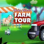 Ett barn och en man sitter på en röd traktor framför en skylt med texten Farm Tour, med en ko och ett tält i bakgrunden