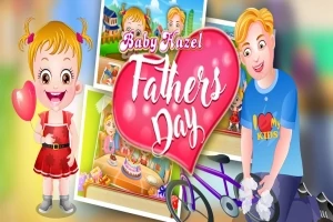 En tecknad bild av en flicka med en ballong och en man med en cykel, omgiven av färgglada bakgrundsbilder och en stor rosa hjärta med texten Fathers Day