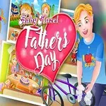 En tecknad bild av en flicka med en ballong och en man med en cykel, omgiven av färgglada bakgrundsbilder och en stor rosa hjärta med texten Fathers Day