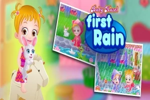 Animerad bild av en leende bebis med en kanin, samt två insatta bilder av barn som leker i regnet med texten first rain