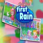 Animerad bild av en leende bebis med en kanin, samt två insatta bilder av barn som leker i regnet med texten first rain