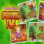 Tecknad bild av ett litet barn i trädgårdsmiljö med olika aktiviteter, omgiven av färgglada illustrationer och texten Gardening Time