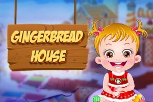 Tecknad flicka med två tofsar sitter framför en skylt med texten Gingerbread House på en suddig bakgrund