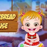 Tecknad flicka med två tofsar sitter framför en skylt med texten Gingerbread House på en suddig bakgrund