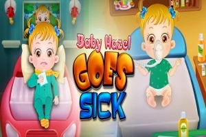 Två bilder av en flicka, en sjuk i sängen med en termometer och en med en inhalator, med texten Baby Hazel Goes Sick i mitten