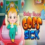Två bilder av en flicka, en sjuk i sängen med en termometer och en med en inhalator, med texten Baby Hazel Goes Sick i mitten
