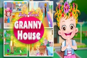 Tecknad flicka med blommor i håret ler, omgiven av bilder på olika scener från ett hus och en text med titeln Granny House