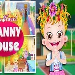 Tecknad flicka med blommor i håret ler, omgiven av bilder på olika scener från ett hus och en text med titeln Granny House
