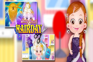 Flicka med flätat rött hår i en elegant klänning, med två små bilder i bakgrunden av frisöraktiviteter och texten Hairday