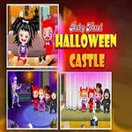 Tecknad bild av ett barn i djävulsdräkt med Halloween-tema och flera små bilder av barn i kostymer