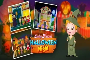 Tecknad bild med ett barn i häxhatt, tre småbilder av Halloween-scener, pumpor och texten Baby Hazel Halloween Night