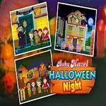Tecknad bild med ett barn i häxhatt, tre småbilder av Halloween-scener, pumpor och texten Baby Hazel Halloween Night