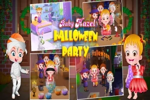Tecknade barn klädda i Halloween-kostymer firar på en fest med dekorer och ljus