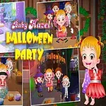 Tecknade barn klädda i Halloween-kostymer firar på en fest med dekorer och ljus