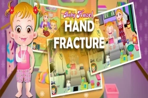 Barn med rosa kläder och gipsad hand framför en färgglad bakgrund med texten HAND FRACTURE