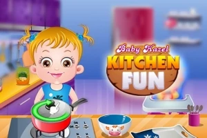 En tecknad flicka med blont hår lagar mat i ett färgglatt kök med texten Kitchen Fun