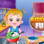 En tecknad flicka med blont hår lagar mat i ett färgglatt kök med texten Kitchen Fun