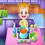 Ett barn med blont hår lagar mat vid spisen i ett färgglatt kök, omgiven av ingredienser som mjölk och smör