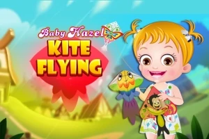 En tecknad flicka med blont hår håller i en drake mot en färgglad bakgrund med texten Kite Flying