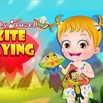 En tecknad flicka med blont hår håller i en drake mot en färgglad bakgrund med texten Kite Flying